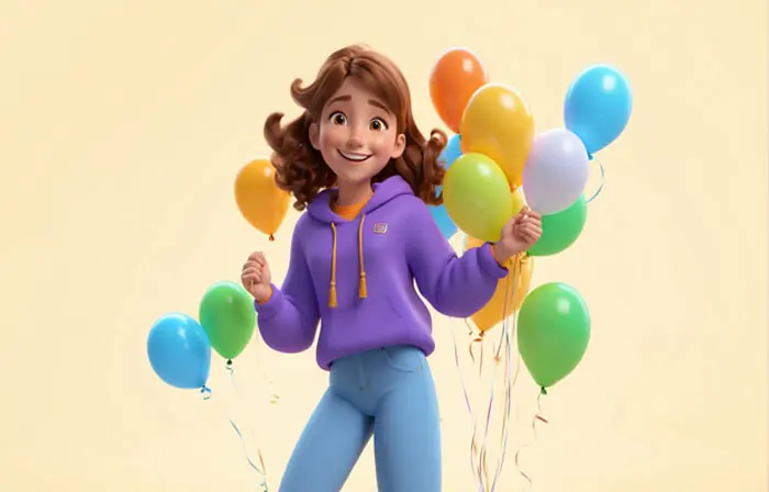 Beautiful Girl with Balloons Cartoon Design Character 3D Illustration